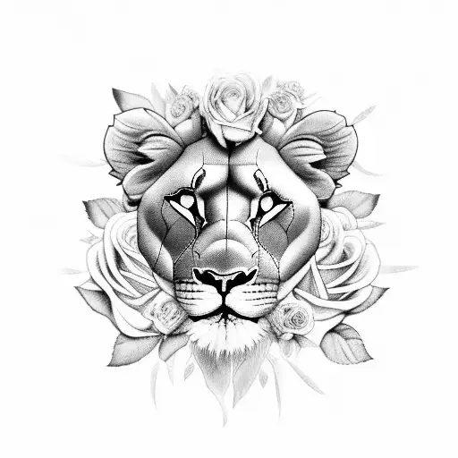 A realistic black and grey lioness surrounded by a beautiful bouquet of roses, symbolizing the strong bond between a mother and son tattoo design idea