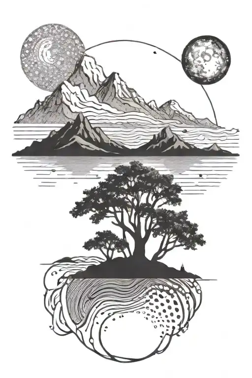 sky, sea, lake, mountain, moon, sun, tree tattoo design idea