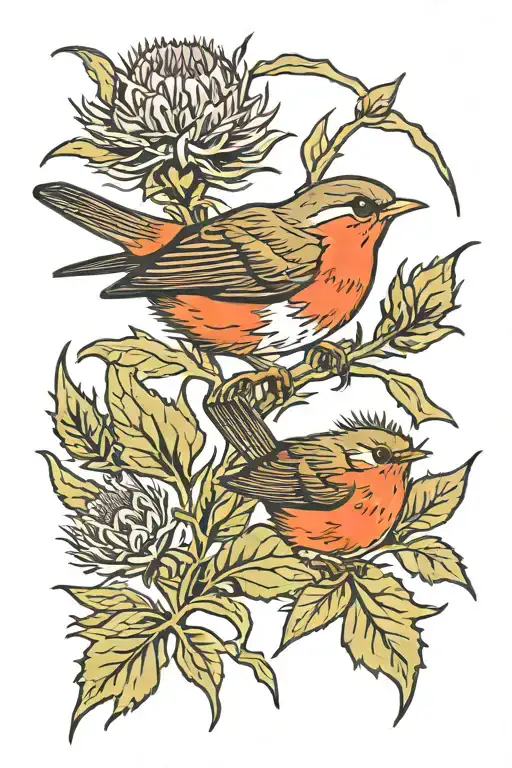 Robin red breast scottish thistle flower dad memorial tattoo design idea