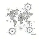 A realistic chemical structure of a molecule intertwined with a world map, symbolizing the client's love for science and travel tattoo design idea