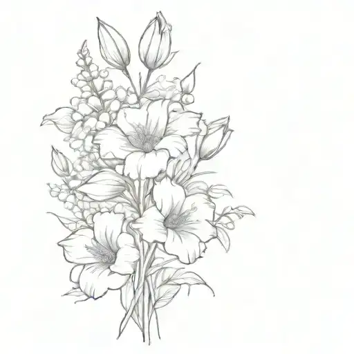 bouquet: poppy, gladiolus, lily of the valley, morning glory, daffodil, peony, and aster. tattoo design idea