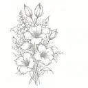 bouquet: poppy, gladiolus, lily of the valley, morning glory, daffodil, peony, and aster. tattoo design idea