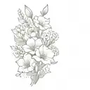 bouquet: poppy, gladiolus, lily of the valley, morning glory, daffodil, peony, and aster. tattoo design idea