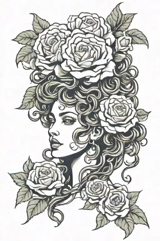 medusa with roses woman face portrait tattoo design idea