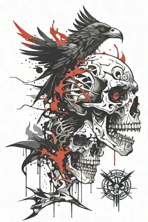 Skull crow wolf howling tattoo design idea