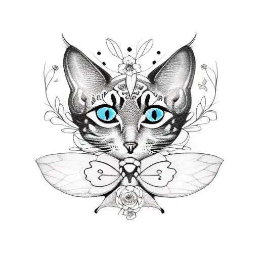 A beautifully detailed blackwork tattoo of a butterfly cat surrounded by delicate flowers, symbolizing self love and care. tattoo design idea
