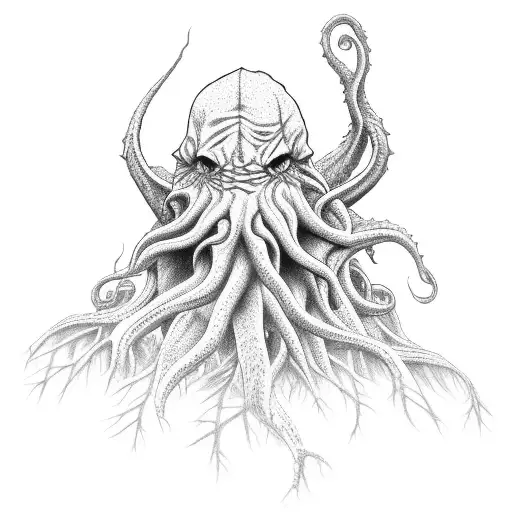 Cthulhu treebeard hybrid rising from forest lake tattoo design idea