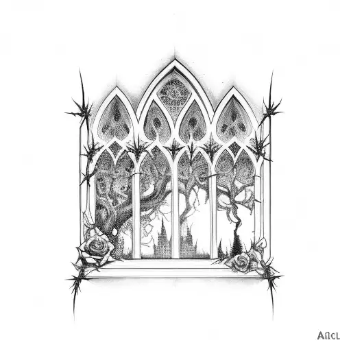 dark gothic window with thorns and roses tattoo design idea