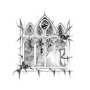 dark gothic window with thorns and roses tattoo design idea