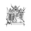 dark gothic window with thorns and roses tattoo design idea