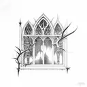 dark gothic window with thorns and roses tattoo design idea