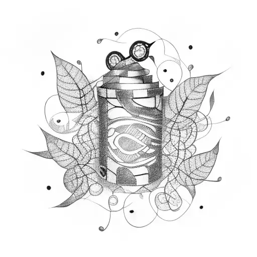 A dotwork tattoo of a movie reel intertwined with vines and leaves tattoo design idea