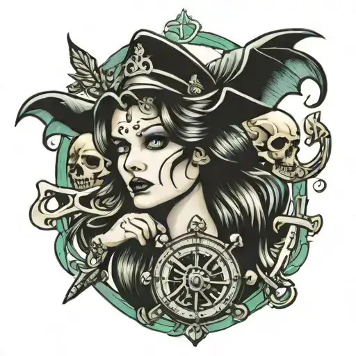 Brooke, Quinn, clock, anchor, captain, skulls tattoo design idea