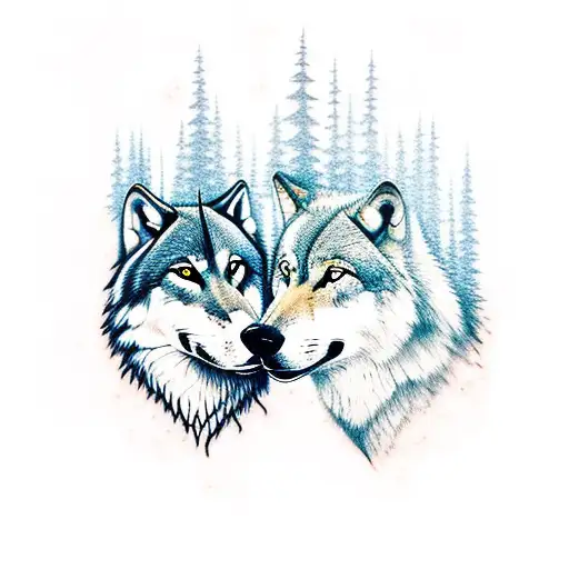 Wolf walking with rose in the forest, night, full moon tattoo design idea