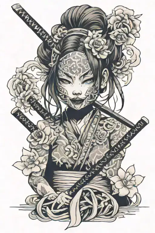 japanese mask, shibari girl, katana sword tattoo design idea