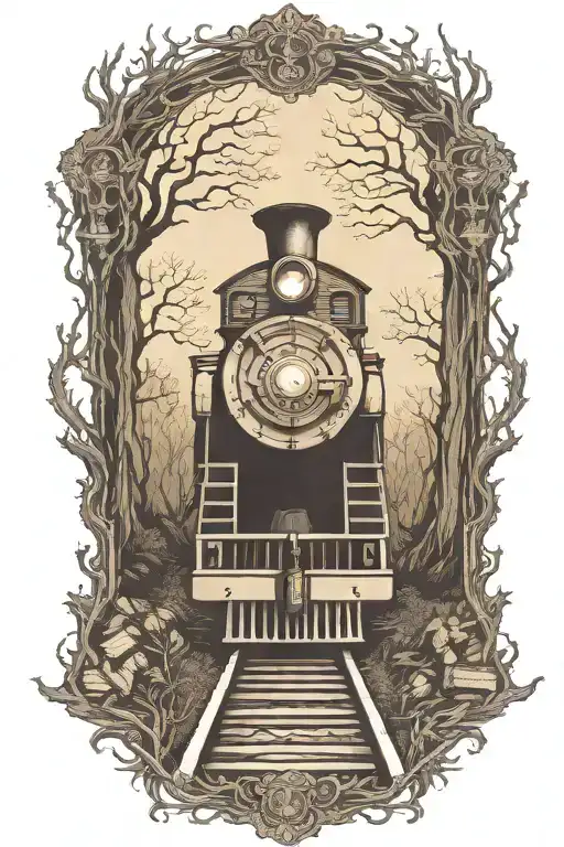 rail, firewood, bushes, train, fire, outline, symmetrical tattoo design idea