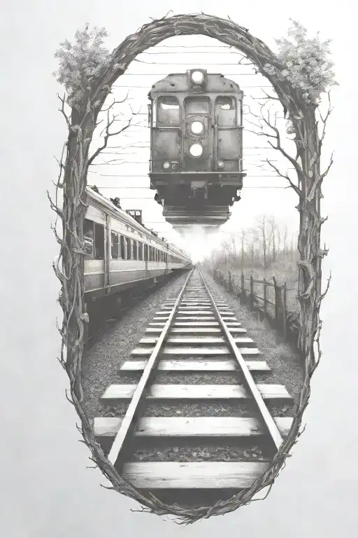 Rail, firewood, bushes, fire, train, linework, outline tattoo design idea