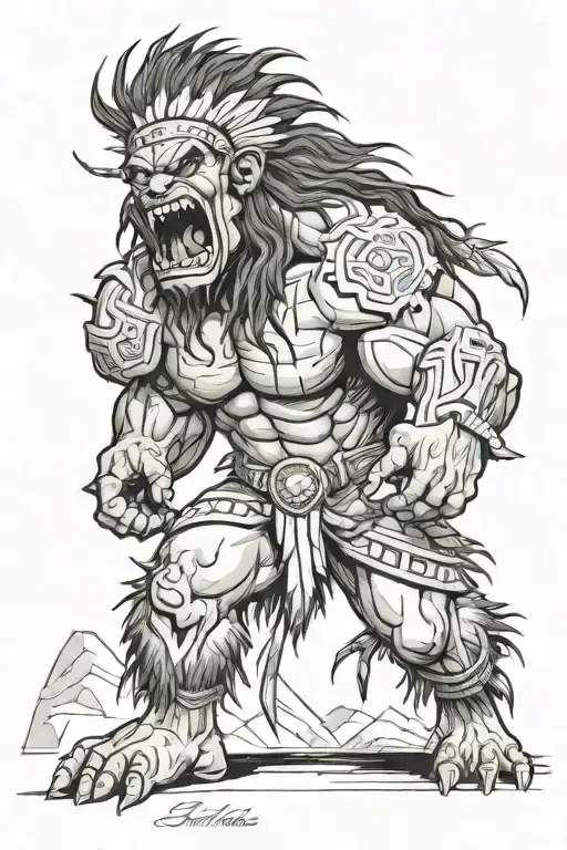 native american chief hulk monster roaring full body tattoo design idea