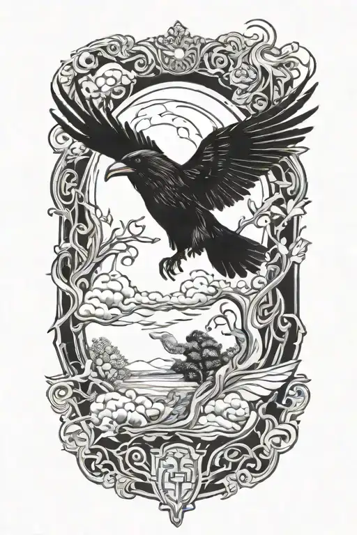 Raven Flying Blackout tattoo design idea