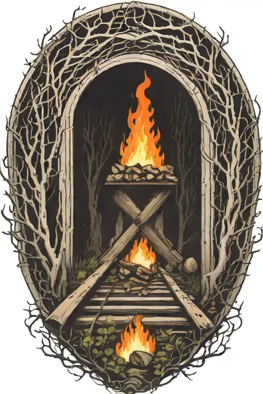 Rail, firewood, bushes, fire tattoo design idea