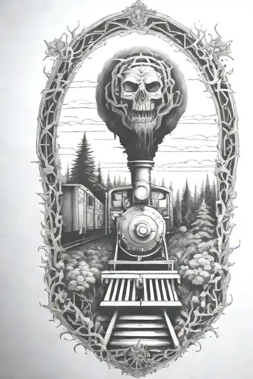 Rail, firewood, bushes, fire, train, linework, outline, symmetrical tattoo design idea