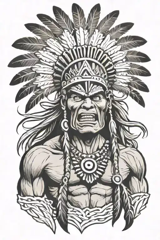Native American Chief Feather Head Dress Hulk Angry Screaming Full Body tattoo design idea