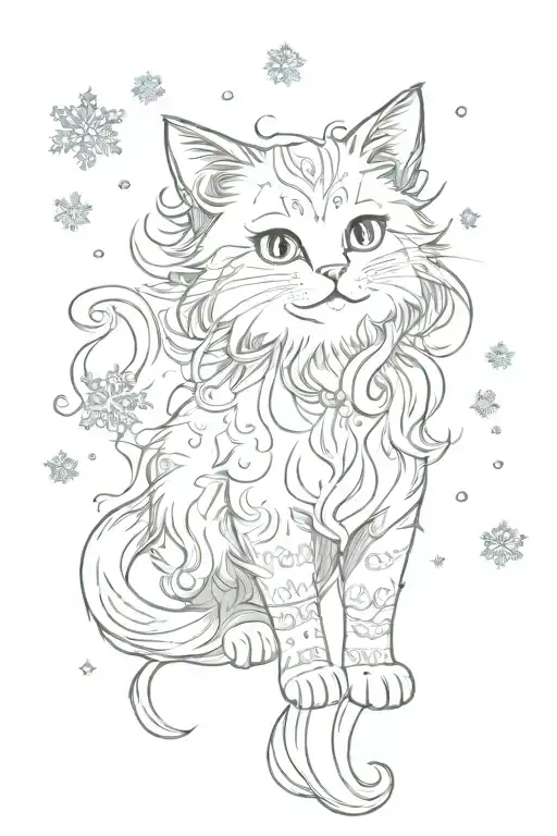 Long Hair Kitten full body playing with snowflakes  tattoo design idea