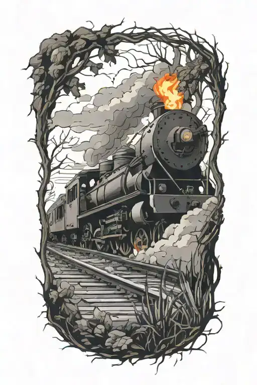Rail, firewood, bushes, fire  tattoo design idea