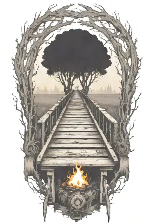 Rail, firewood, bushes, fire, old haunted train tattoo design idea