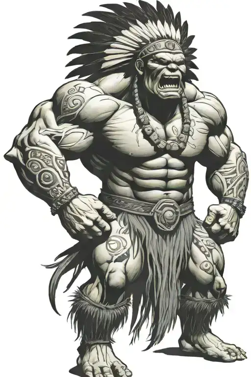 Full Body Hulk Indian Chief Angry Yelling  tattoo design idea