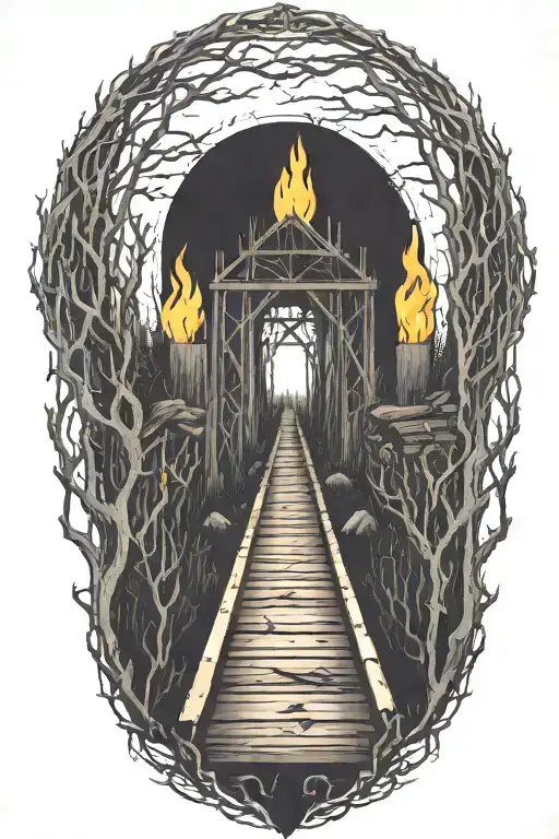 Rail, firewood, bushes, fire tattoo design idea