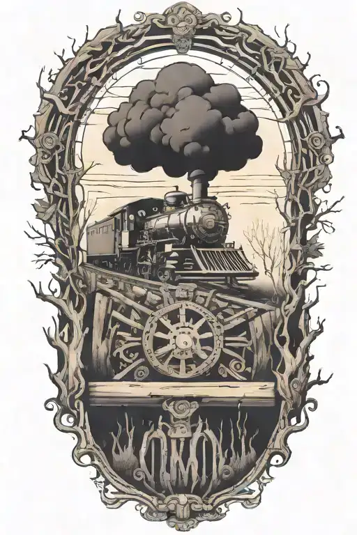 Rail, firewood, bushes, fire, steam engine tattoo design idea