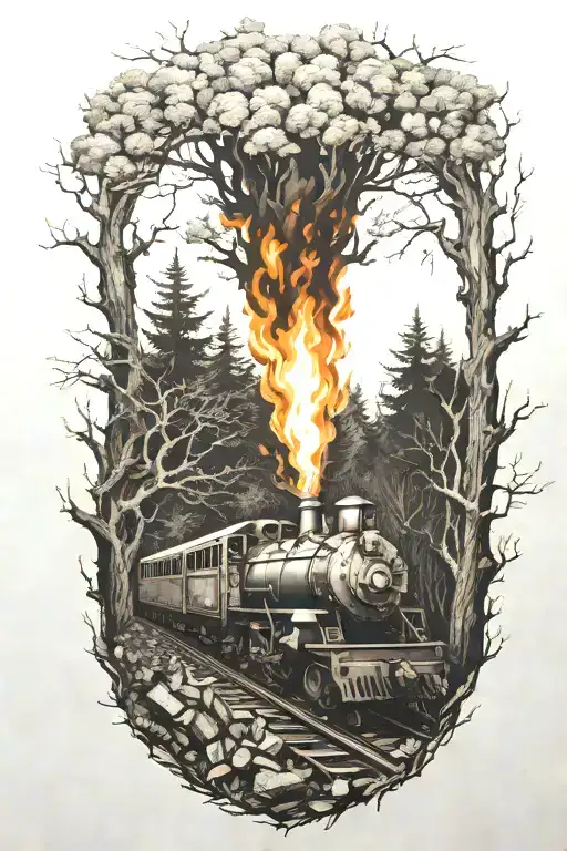 Rail, firewood, bushes, fire, train tattoo design idea