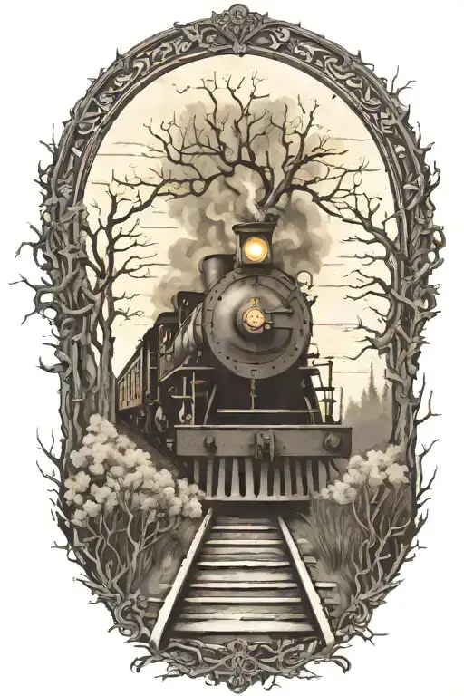 Rail, firewood, bushes, fire, haunted old train tattoo design idea