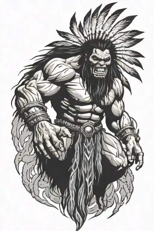 native american chief hulk monster roaring tattoo design idea