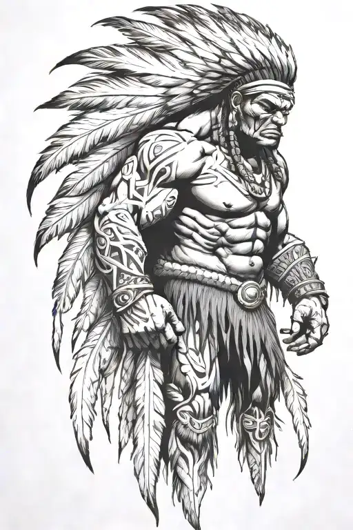 native american chief feathers full body hulk mutant angry roaring tattoo design idea