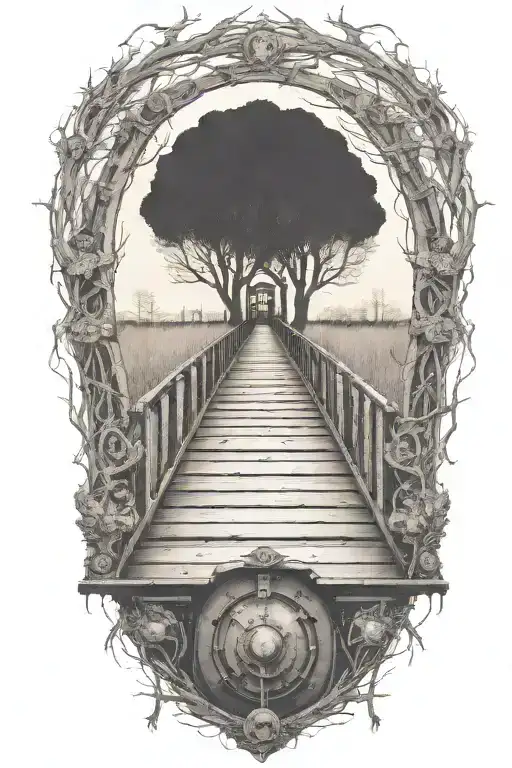 Rail, firewood, bushes, fire, old haunted train tattoo design idea