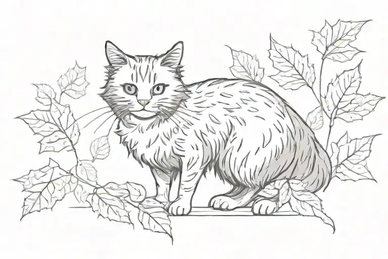 Long Hair Tuxedo Cat full body playing with leaves tattoo design idea