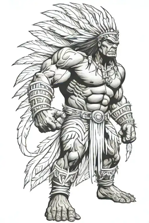 native american chief feathers full body hulk mutant angry roaring tattoo design idea
