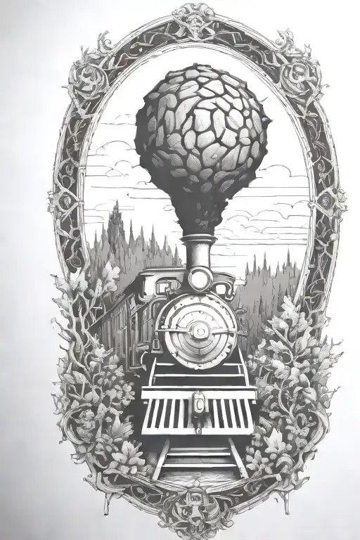 Rail, firewood, bushes, fire, train, linework, outline, symmetrical tattoo design idea