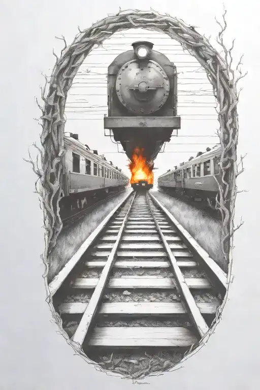 Rail, firewood, bushes, fire, train, linework tattoo design idea