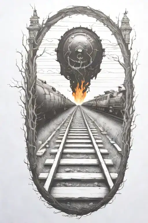 Rail, firewood, bushes, fire, train, linework tattoo design idea