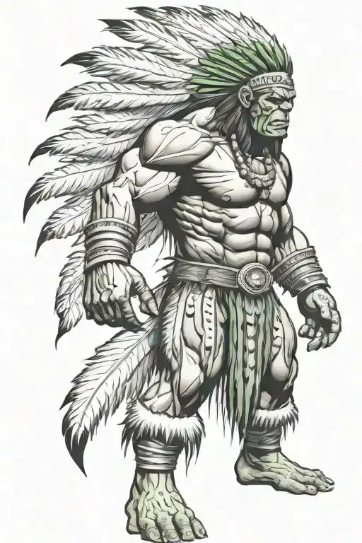 native american chief feathers full body hulk mutant angry roaring tattoo design idea