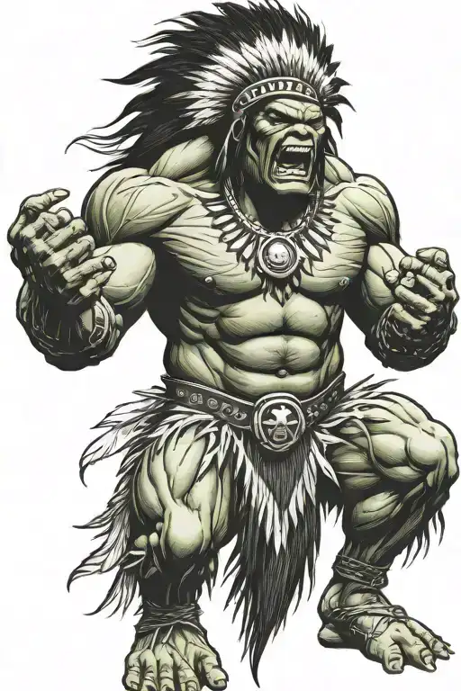 Full Body Hulk Indian Chief Angry Yelling  tattoo design idea