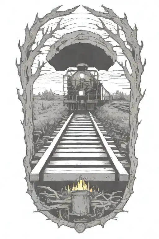 Rail, firewood, bushes, fire, train, outline, symmetrical  tattoo design idea