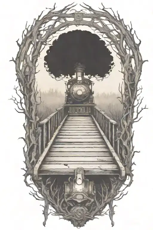 Rail, firewood, bushes, fire, steam engine tattoo design idea