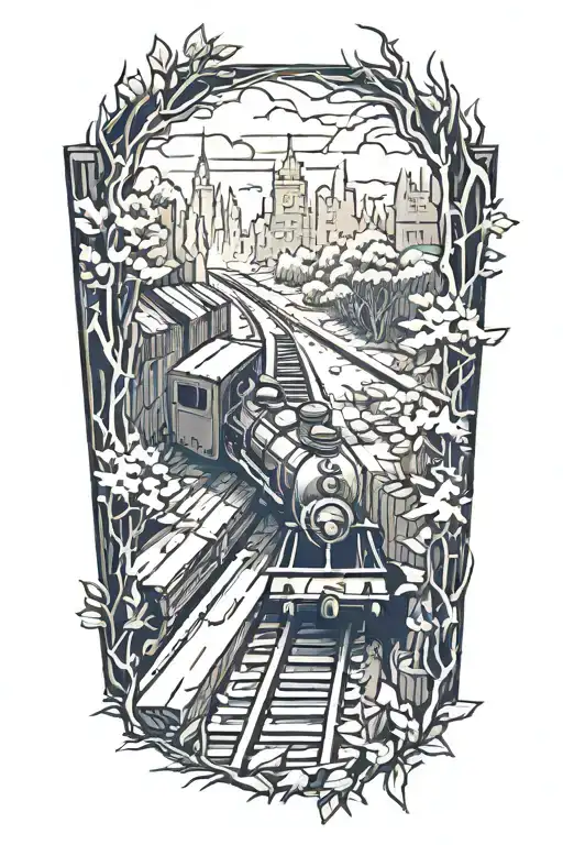 Rail, firewood, bushes, fire tattoo design idea