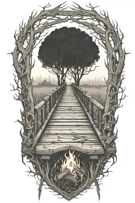 Rail, firewood, bushes, fire tattoo design idea