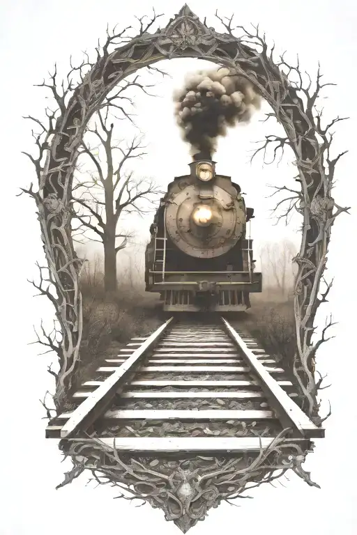 Rail, firewood, bushes, fire, old train, line work  tattoo design idea