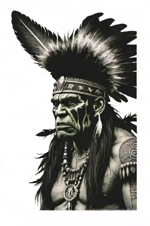 Native American Chief Feather Head Dress Hulk Angry Screaming Full Body tattoo design idea